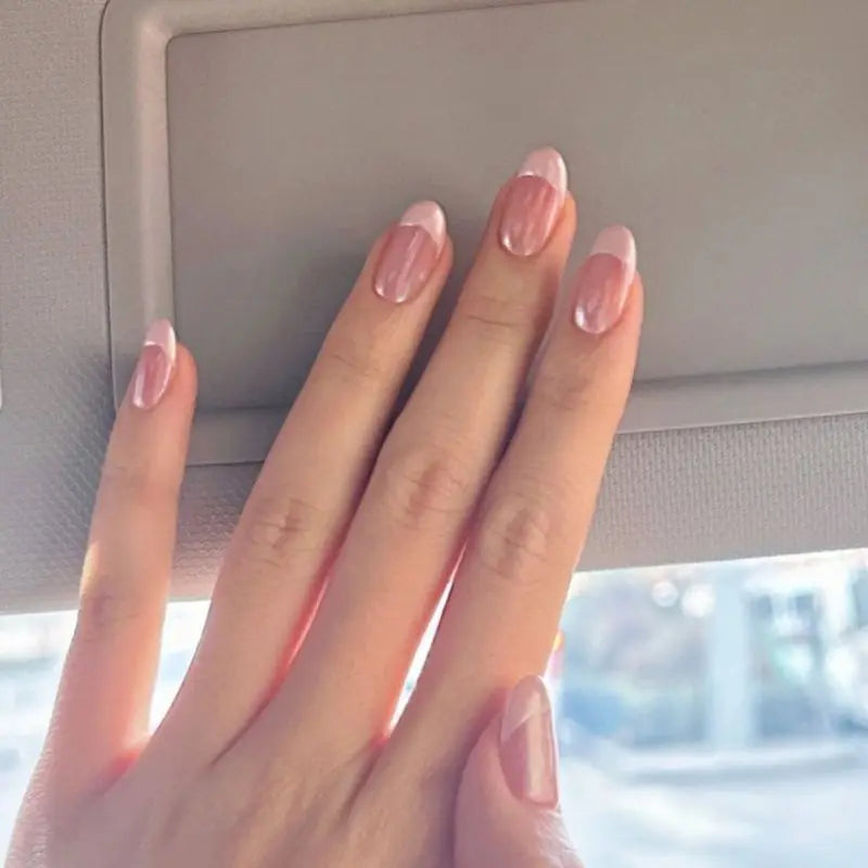 Handmade Pink French Oval Press On Nails-2