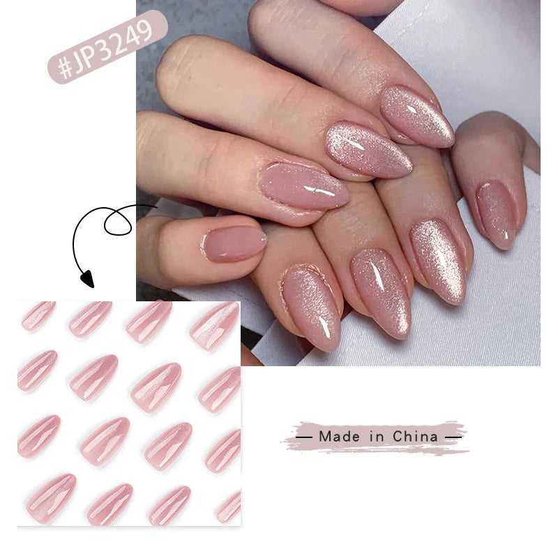 Faux ongles à pression de haute qualité, design rose français, pointes courbes élégantes pour les doigts