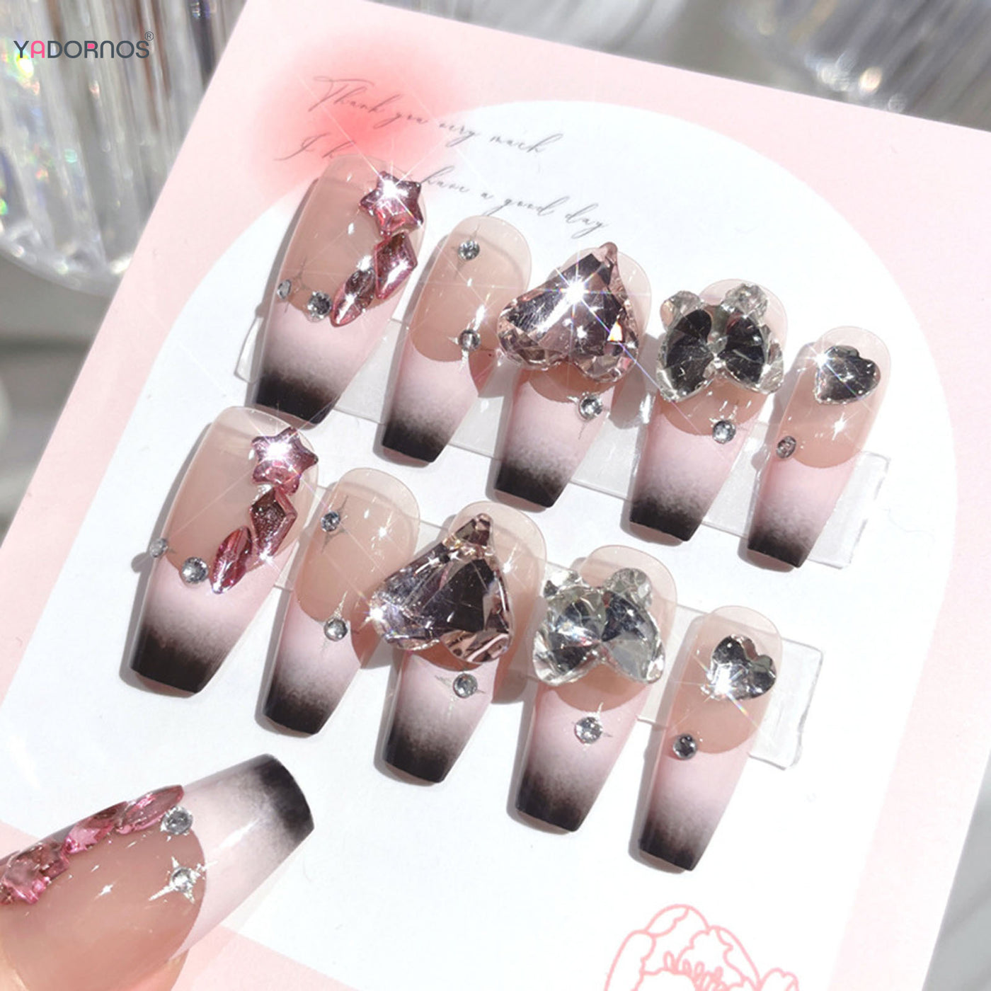 Lot de 24 faux ongles roses style Y2K à coller avec de gros strass scintillants et des pointes françaises noires pour femmes