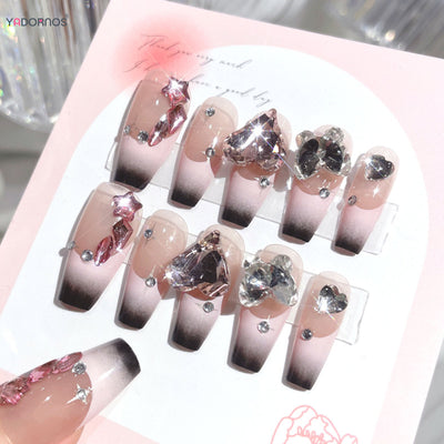 Lot de 24 faux ongles roses style Y2K à coller avec de gros strass scintillants et des pointes françaises noires pour femmes