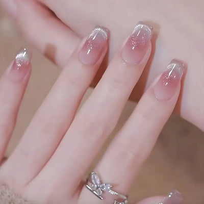 Lot de 24 faux ongles à paillettes et diamants, en acrylique, pour fille mignonne et mignonne, couverture complète, courts et carrés, manucure portable
