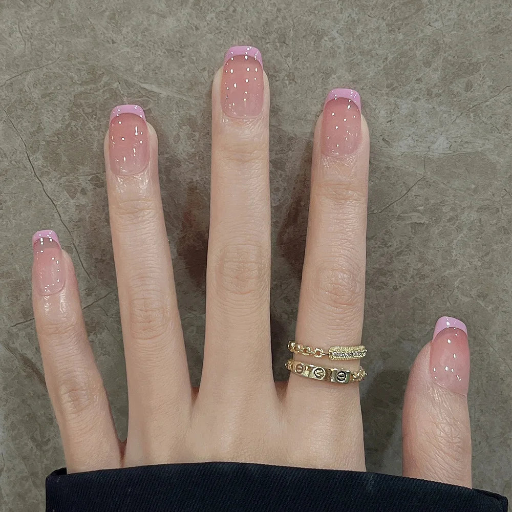 Lot de 24 faux ongles à paillettes et diamants, en acrylique, pour fille mignonne et mignonne, couverture complète, courts et carrés, manucure portable