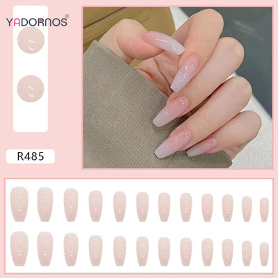 Faux ongles longs en forme de cercueil, couleur nude, ballerine, rose clair