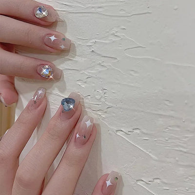 Lot de 24 faux ongles à paillettes et diamants, en acrylique, pour fille mignonne et mignonne, couverture complète, courts et carrés, manucure portable