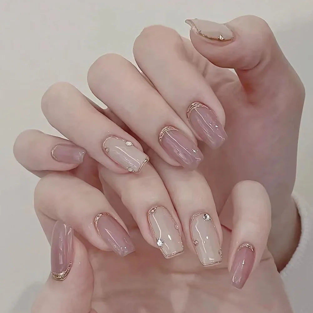 Lot de 24 faux ongles à paillettes et diamants, en acrylique, pour fille mignonne et mignonne, couverture complète, courts et carrés, manucure portable