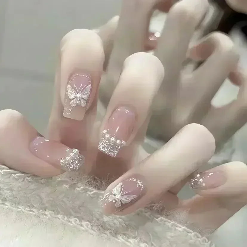 Lot de 24 faux ongles à paillettes et diamants, en acrylique, pour fille mignonne et mignonne, couverture complète, courts et carrés, manucure portable