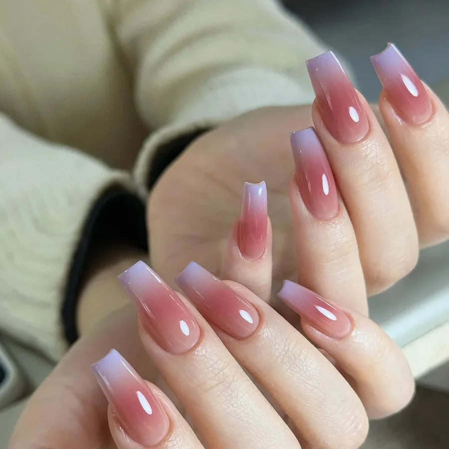 Faux ongles longs en forme de cercueil, couleur nude, ballerine, rose clair