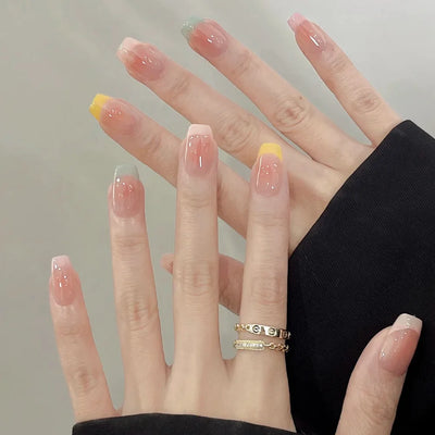Lot de 24 faux ongles à paillettes et diamants, en acrylique, pour fille mignonne et mignonne, couverture complète, courts et carrés, manucure portable