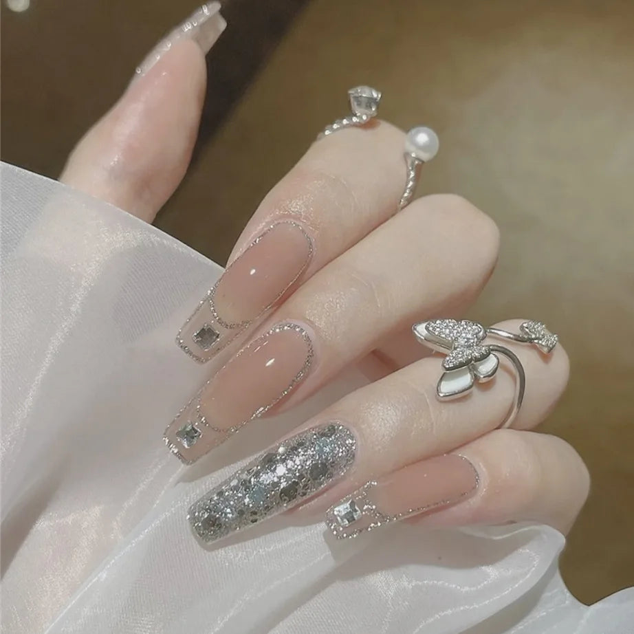 Lot de 24 faux ongles à paillettes et diamants, en acrylique, pour fille mignonne et mignonne, couverture complète, courts et carrés, manucure portable