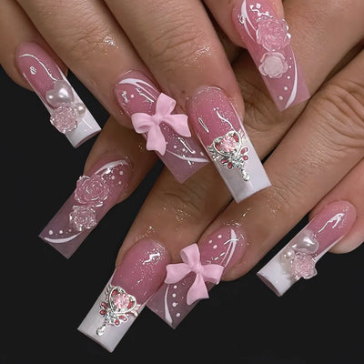 Lot de 24 faux ongles roses style Y2K à coller avec de gros strass scintillants et des pointes françaises noires pour femmes