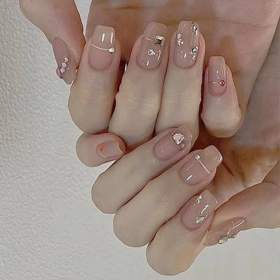 Lot de 24 faux ongles à paillettes et diamants, en acrylique, pour fille mignonne et mignonne, couverture complète, courts et carrés, manucure portable