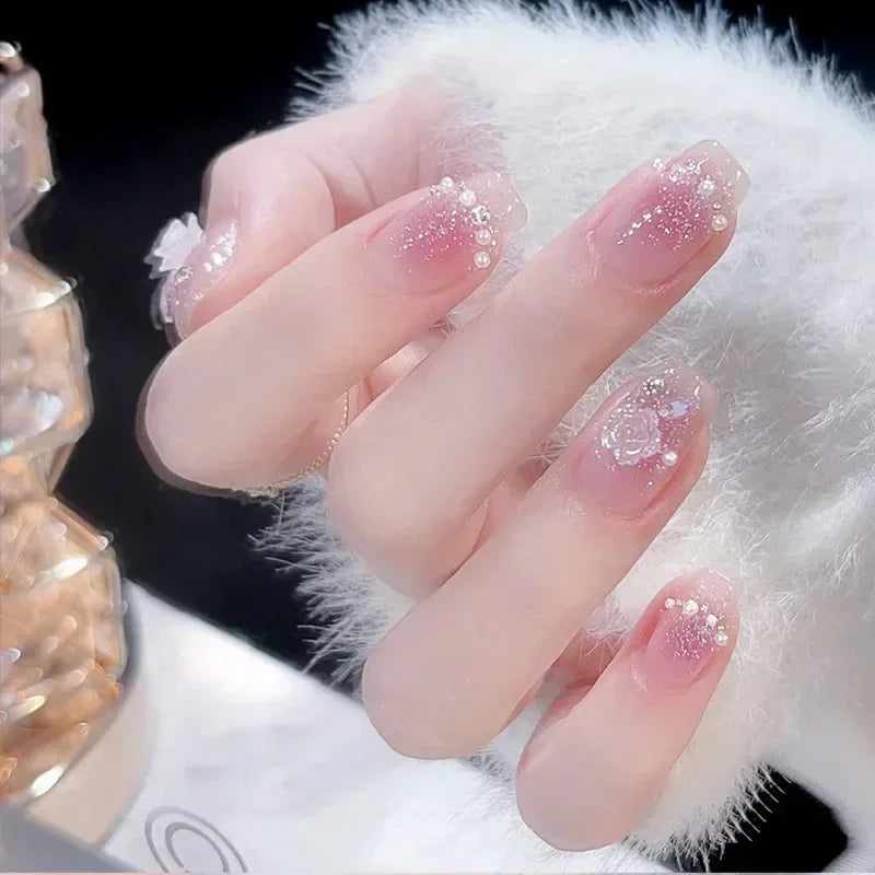 Lot de 24 faux ongles à paillettes et diamants, en acrylique, pour fille mignonne et mignonne, couverture complète, courts et carrés, manucure portable