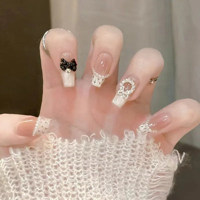 Lot de 24 faux ongles à paillettes et diamants, en acrylique, pour fille mignonne et mignonne, couverture complète, courts et carrés, manucure portable