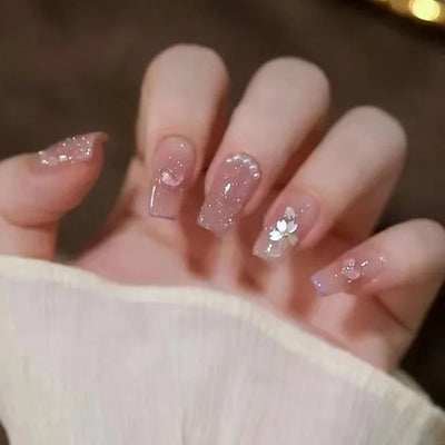 Lot de 24 faux ongles à paillettes et diamants, en acrylique, pour fille mignonne et mignonne, couverture complète, courts et carrés, manucure portable