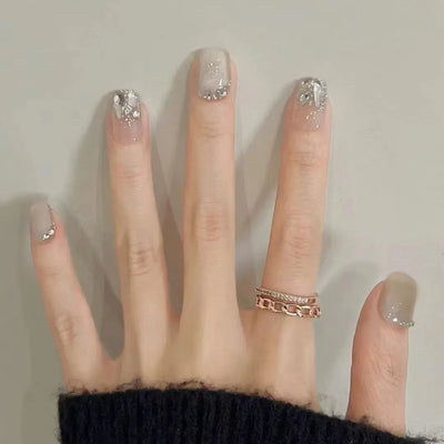 Lot de 24 faux ongles à paillettes et diamants, en acrylique, pour fille mignonne et mignonne, couverture complète, courts et carrés, manucure portable