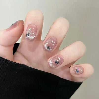 Lot de 24 faux ongles à paillettes et diamants, en acrylique, pour fille mignonne et mignonne, couverture complète, courts et carrés, manucure portable