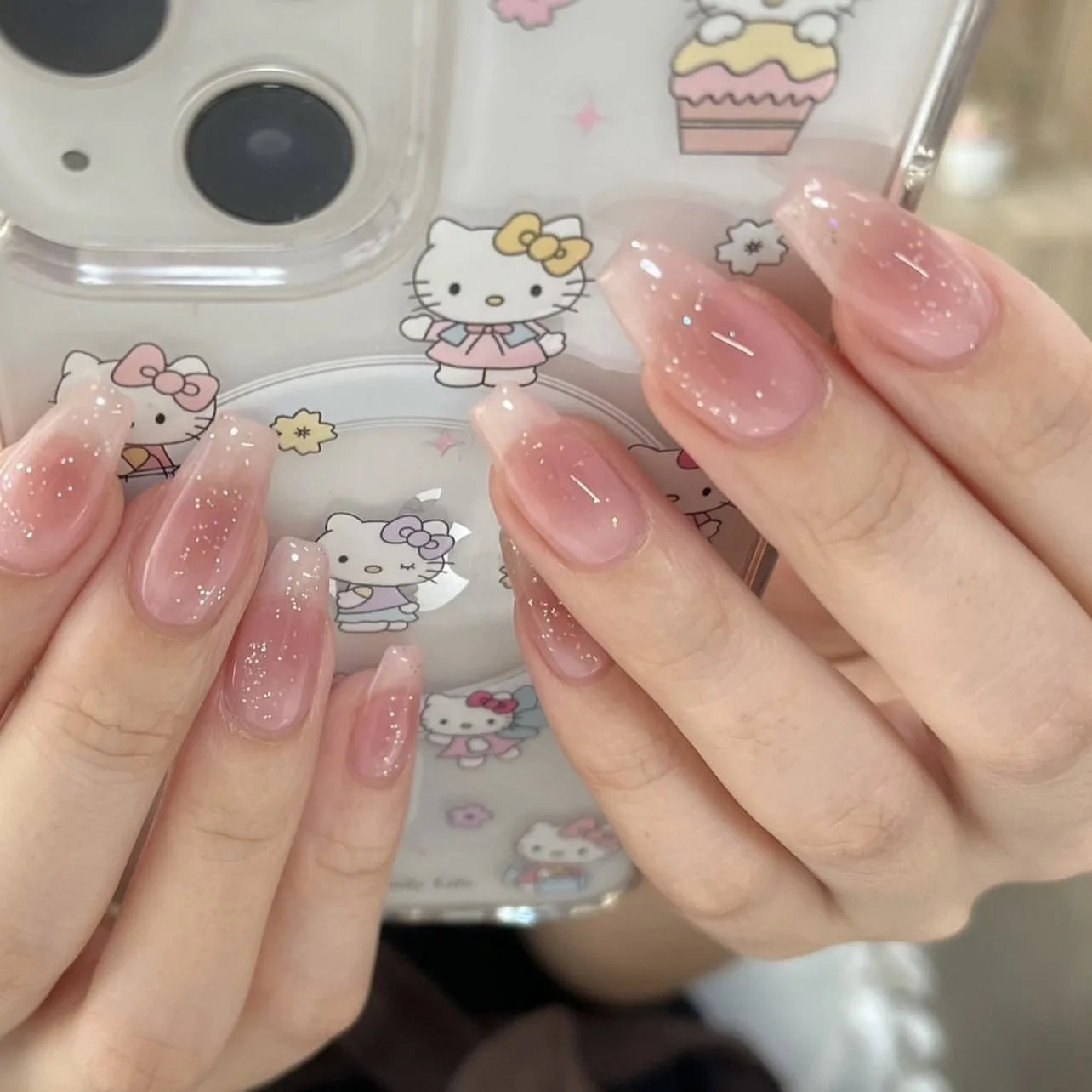 Lot de 24 faux ongles à paillettes et diamants, en acrylique, pour fille mignonne et mignonne, couverture complète, courts et carrés, manucure portable