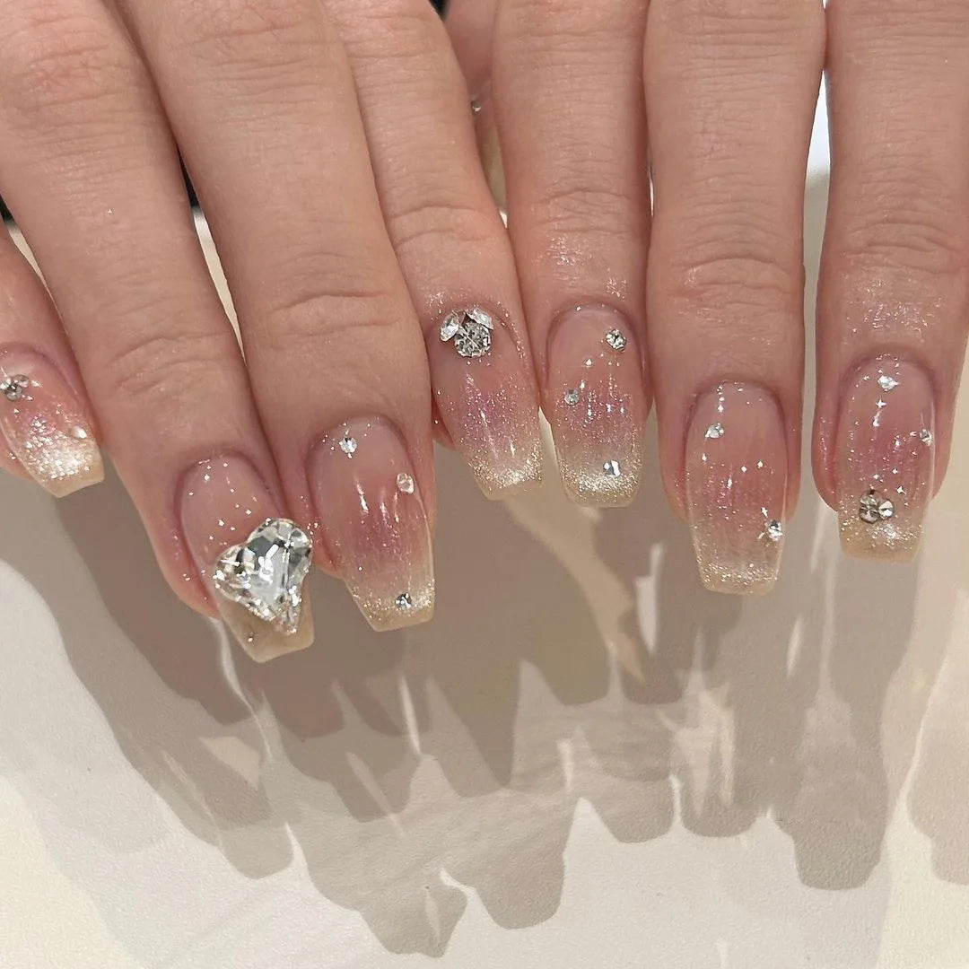 Lot de 24 faux ongles à paillettes et diamants, en acrylique, pour fille mignonne et mignonne, couverture complète, courts et carrés, manucure portable