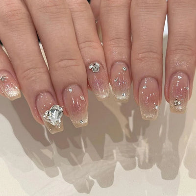 Lot de 24 faux ongles à paillettes et diamants, en acrylique, pour fille mignonne et mignonne, couverture complète, courts et carrés, manucure portable
