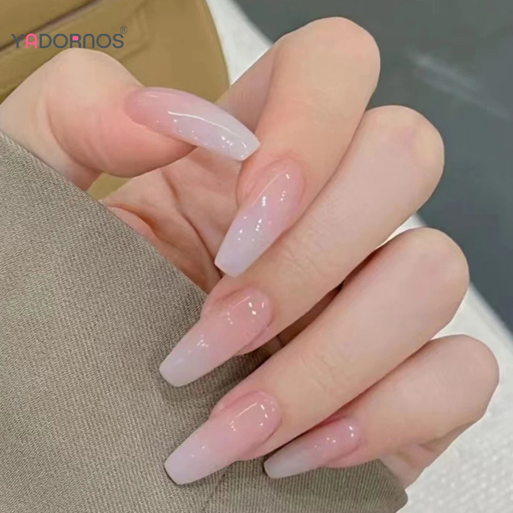Faux ongles longs en forme de cercueil, couleur nude, ballerine, rose clair