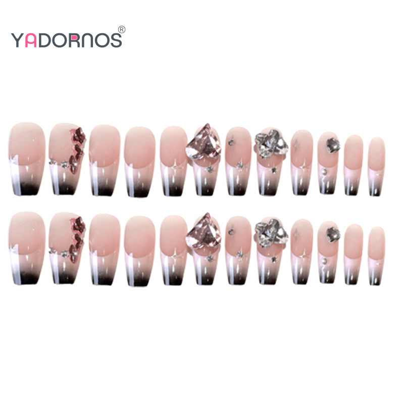Lot de 24 faux ongles roses style Y2K à coller avec de gros strass scintillants et des pointes françaises noires pour femmes