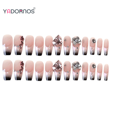 Lot de 24 faux ongles roses style Y2K à coller avec de gros strass scintillants et des pointes françaises noires pour femmes