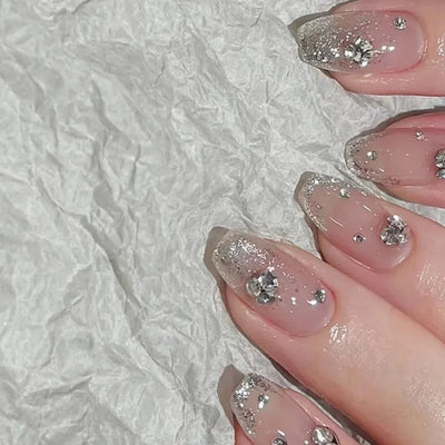 Lot de 24 faux ongles à paillettes et diamants, en acrylique, pour fille mignonne et mignonne, couverture complète, courts et carrés, manucure portable
