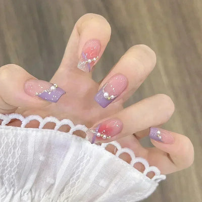 Lot de 24 faux ongles à paillettes et diamants, en acrylique, pour fille mignonne et mignonne, couverture complète, courts et carrés, manucure portable