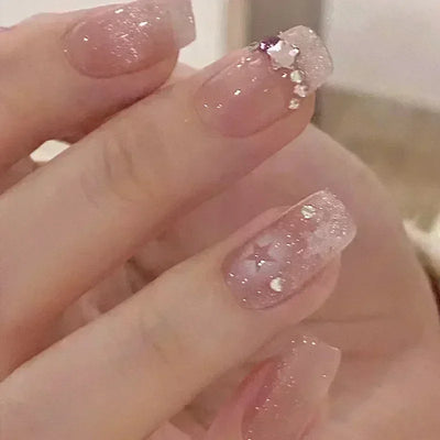 Lot de 24 faux ongles à paillettes et diamants, en acrylique, pour fille mignonne et mignonne, couverture complète, courts et carrés, manucure portable