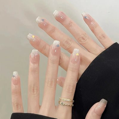 Lot de 24 faux ongles à paillettes et diamants, en acrylique, pour fille mignonne et mignonne, couverture complète, courts et carrés, manucure portable
