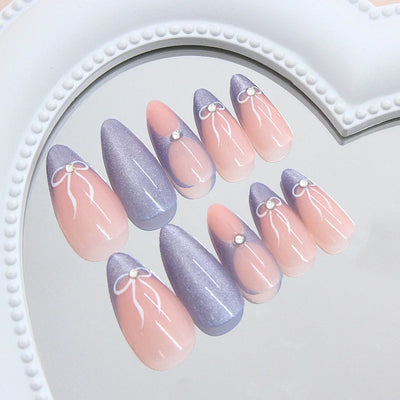 Lot de 24 faux ongles à pression bleu lait style français, paillettes, amande, œil de chat, avec nœuds, décoration diamant, charmants