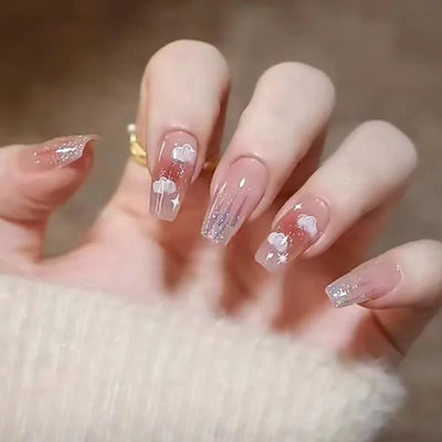 Lot de 24 faux ongles à paillettes et diamants, en acrylique, pour fille mignonne et mignonne, couverture complète, courts et carrés, manucure portable