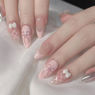 Lot de 24 faux ongles à pression bleu lait style français, paillettes, amande, œil de chat, avec nœuds, décoration diamant, charmants