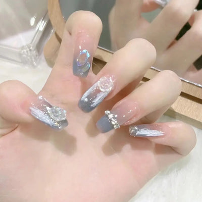 Lot de 24 faux ongles à paillettes et diamants, en acrylique, pour fille mignonne et mignonne, couverture complète, courts et carrés, manucure portable
