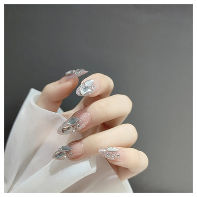 Lot de 24 faux ongles roses style Y2K à coller avec de gros strass scintillants et des pointes françaises noires pour femmes