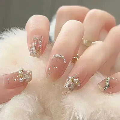 Lot de 24 faux ongles à paillettes et diamants, en acrylique, pour fille mignonne et mignonne, couverture complète, courts et carrés, manucure portable
