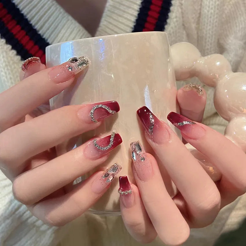 Lot de 24 faux ongles à paillettes et diamants, en acrylique, pour fille mignonne et mignonne, couverture complète, courts et carrés, manucure portable