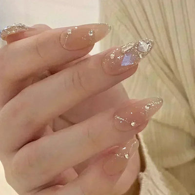 Lot de 24 faux ongles à paillettes et diamants, en acrylique, pour fille mignonne et mignonne, couverture complète, courts et carrés, manucure portable