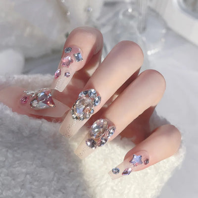 Lot de 24 faux ongles roses style Y2K à coller avec de gros strass scintillants et des pointes françaises noires pour femmes