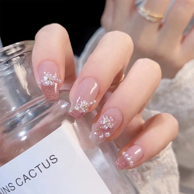 Lot de 24 faux ongles roses style Y2K à coller avec de gros strass scintillants et des pointes françaises noires pour femmes