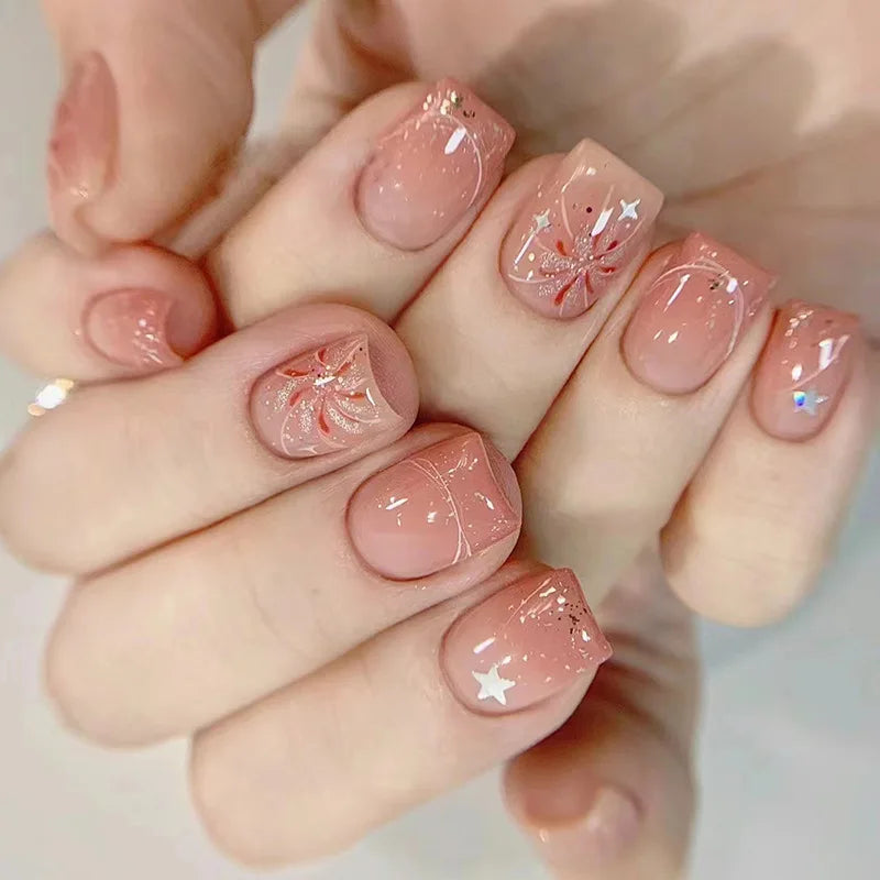 Lot de 24 faux ongles roses style Y2K à coller avec de gros strass scintillants et des pointes françaises noires pour femmes