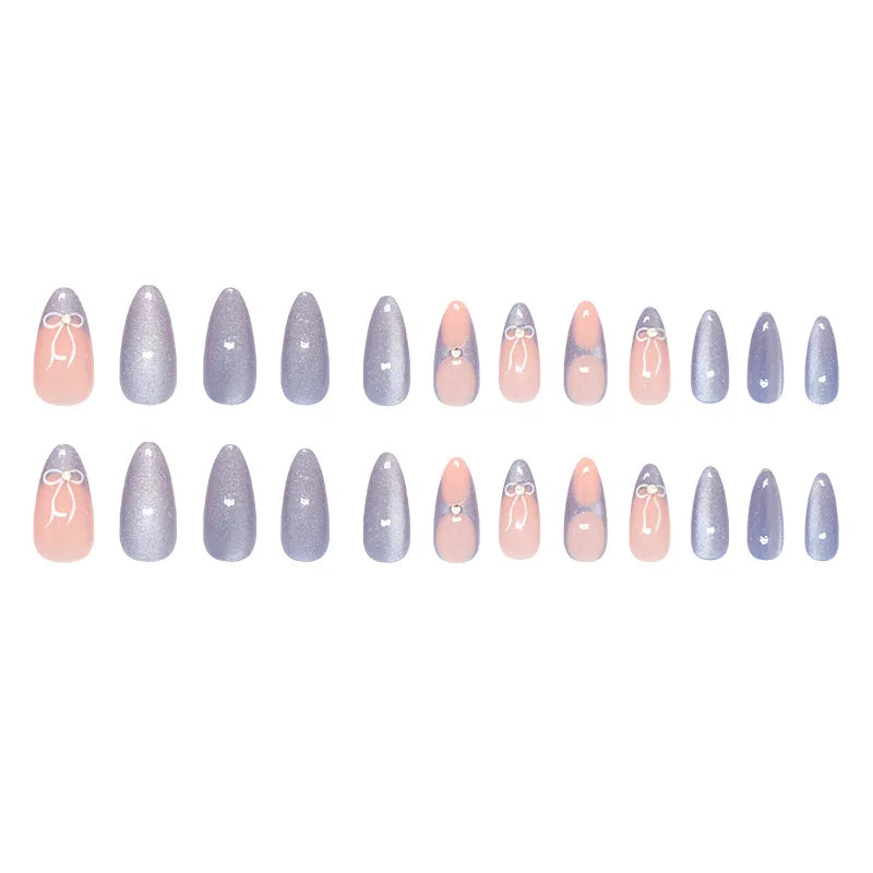 Lot de 24 faux ongles à pression bleu lait style français, paillettes, amande, œil de chat, avec nœuds, décoration diamant, charmants