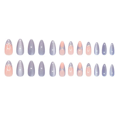 Lot de 24 faux ongles à pression bleu lait style français, paillettes, amande, œil de chat, avec nœuds, décoration diamant, charmants