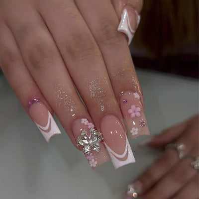 Lot de 24 faux ongles roses style Y2K à coller avec de gros strass scintillants et des pointes françaises noires pour femmes