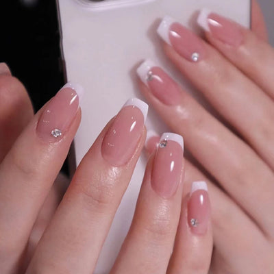 Lot de 24 faux ongles roses style Y2K à coller avec de gros strass scintillants et des pointes françaises noires pour femmes