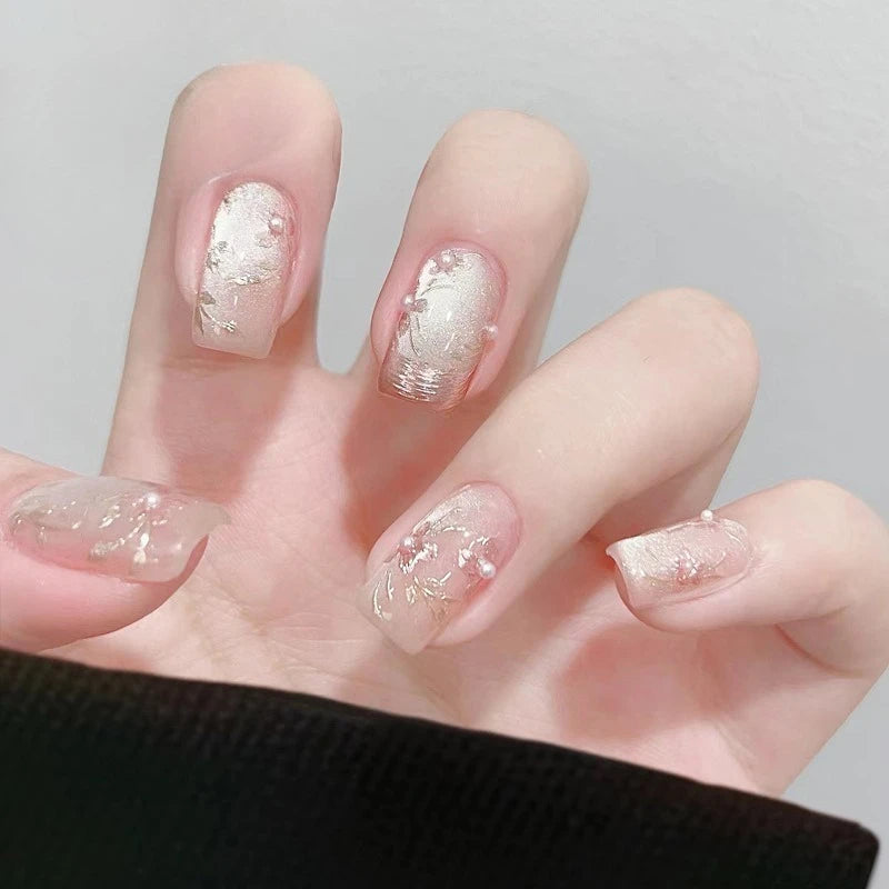 Lot de 24 faux ongles à paillettes et diamants, en acrylique, pour fille mignonne et mignonne, couverture complète, courts et carrés, manucure portable