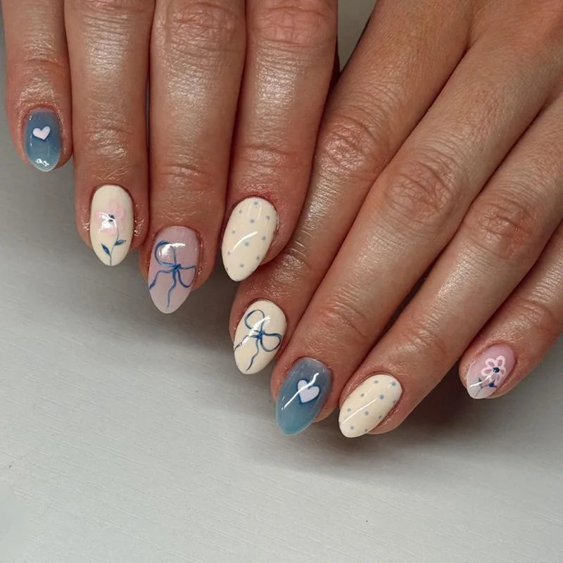 Lot de 24 faux ongles à pression bleu lait style français, paillettes, amande, œil de chat, avec nœuds, décoration diamant, charmants