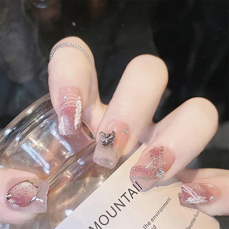 Lot de 24 faux ongles à paillettes et diamants, en acrylique, pour fille mignonne et mignonne, couverture complète, courts et carrés, manucure portable