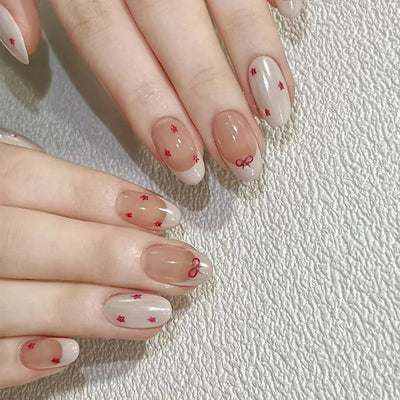 Lot de 24 faux ongles à pression bleu lait style français, paillettes, amande, œil de chat, avec nœuds, décoration diamant, charmants