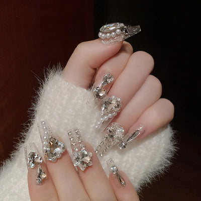 Lot de 24 faux ongles roses style Y2K à coller avec de gros strass scintillants et des pointes françaises noires pour femmes
